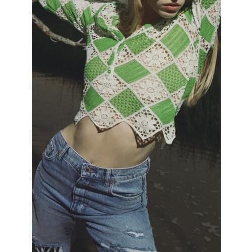 ZA knitted jacket 2021 summer new womens clothing all-match low-cut V-neck hollow crochet embroidered top