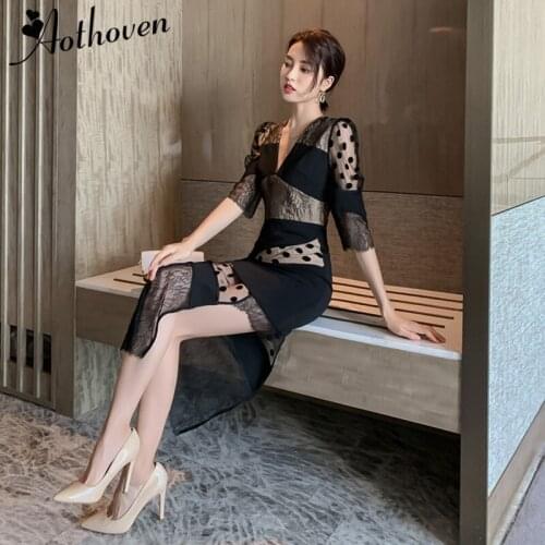 Vintage Elegant Lace Patchwork Dress Half Sleeve Deep V Neck Sexy Party Evening Dress Autumn Black Split Women Dress Vestidos