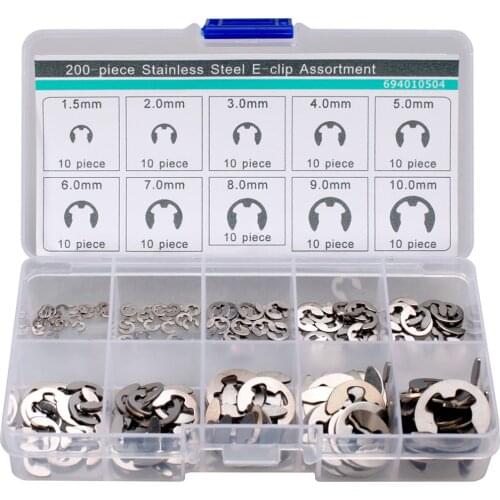 200pcs Stainless Steel E-clip Assortment 1.5 2 3 4 5 6 7 8 9 10 mm Circlip 304 Stainless steel