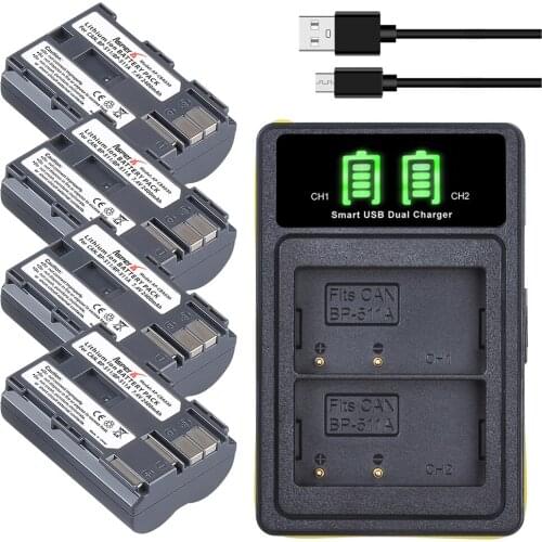 4Pcs BP-511A BP-511 BP 511 511A BP511 BP511A Batteries + LED USB Dual Charger for Canon EOS 40D 300D 5D 20D 30D 50D 10D D60 G6