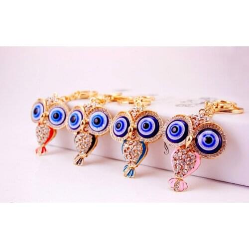 Big Blue Turkey Eye 3D Owl Keyrings Keychains Crystal Rhinestones Enamel Glazing Key Chain Ring Car Bag Holder Wholesale