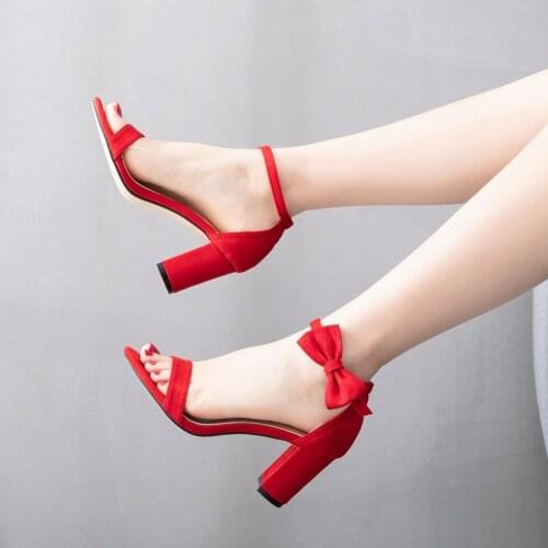 Red Open Toe Sandal For Women Summer Sexy Party Dress Shoes Fashion Bow-knot Square Heel Black Pumps Ankle Strap 7cm High Heels