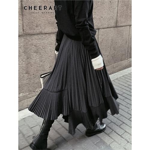 CHEERART Grey Black Long Pleated Skirt Women High Waist Irregular Skirt Swing Frill Autumn Midi Skirt Gothic 2019