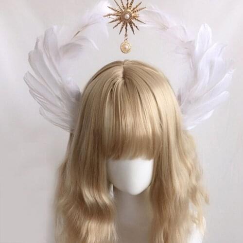 Lolita Sun Godmothers Headwear Headband KC Gothic White Angel Wings Virgin Mary Bead Chain Baroque Tiara Hair Accessories