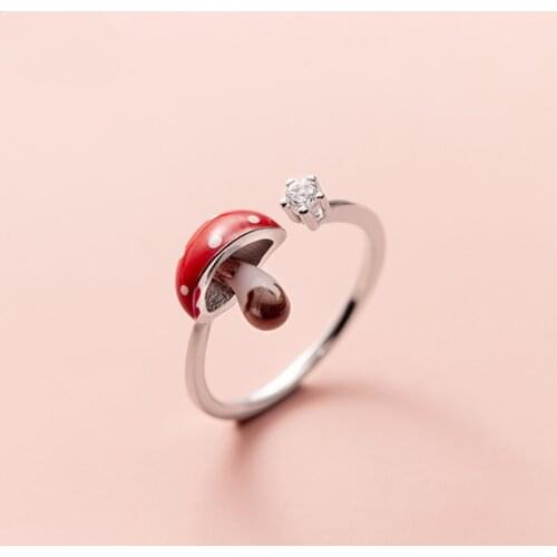 Lovely Enamel Red Mushroom Ring Single Zircon Finger Rings For Daughter Kids Student Hand 925 Sterling Silver Jewelry
