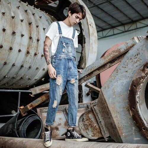 Mens overalls 2020 Spring and Summer New Tooling Jumpsuit Korean version of the Hole Denim Cropped pants Mens Blue Overalls