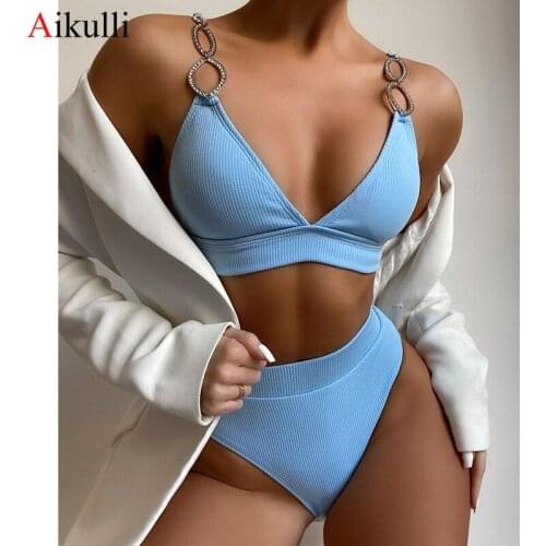 High Waist Bikinis Swimsuit Womens Solid Swimwear 2021 New Ribbed Fashion Ring Bathing Suit Summer Swim Beach Female Bikini Set