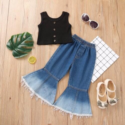Summer Girls Clothes Set Sleeveless Round-neck Button Decoration Cropped Tops + Gradient Color Denim Flared Trousers