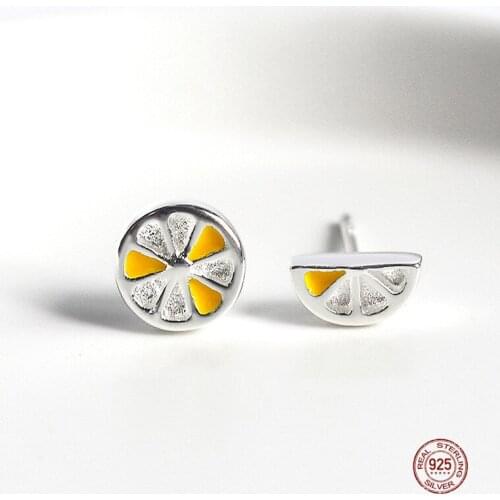 LKO 925 Sterling Silver Asymmetry Lemon Earrings Japan Korea Fresh and Lovely Originality Fruits Jewelry Accessories