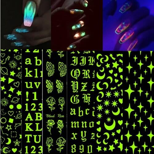Manicure Nail Sticker Flame Letter 3D Luminous DIY Decal Slider Glowing in Dark Adhesive Nail Beauty Manicure Nail Decoration