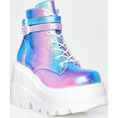 Fashion High Platform Women Boots Wedges Lace Up Ankle Boots Thick Bottom Mixed Color 2020 Autumn Female Shoes