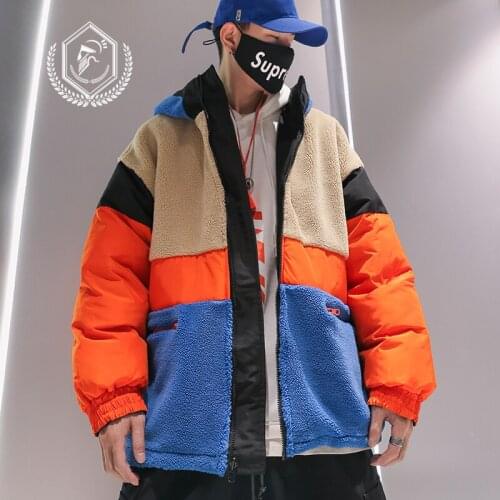 Men Fashion Loose Print Faux Fleece Lamb Jacket Casual Patchwork Hip Hop Coat with Hooded