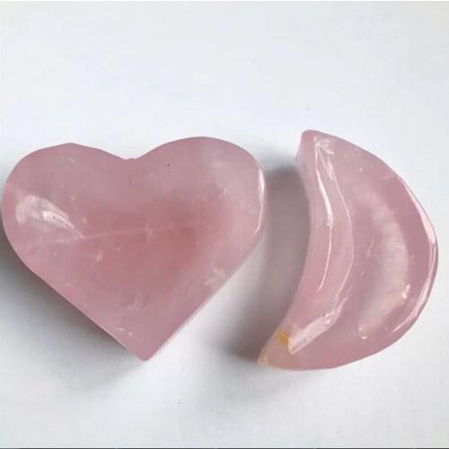 Natural hand carved healing gemstone natural pink rose quartz heart moon shaped crystal bowls for gift