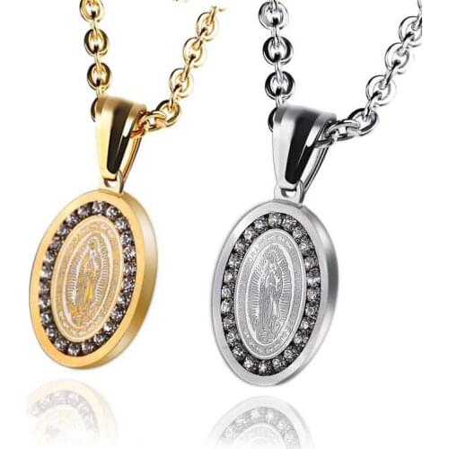 Catholicism Santa Maria round shape pendant necklace stainless setting cubic zirconia gold color necklace for men and women