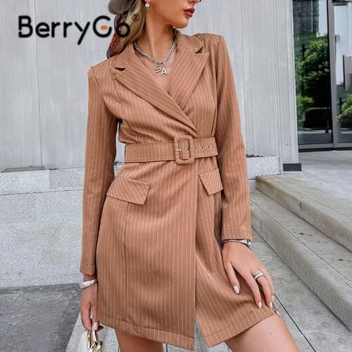 BerryGo Long sleeves elegant office lady blazer dress women Fashion belt notched mini dresses Casual solid color office dress