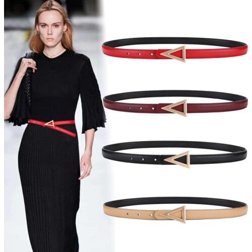 Luxury Genuine Leather Thin Triangle Belts for Women Dress Party Cowhide knot belt Gold Alloy Buckle Waistband jeans Female gift