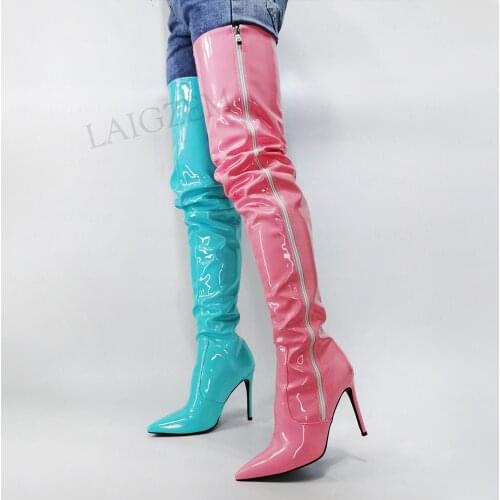 SEIIHEM FASHION Women Thigh High Boots Side ZIp High Heels Shiny Over Knee Boots Cosplay Party Shoes Woman Big Size 36 43 44 47