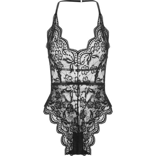 Sexy Women See Through Lace Deep V Halter Babydoll Bodysuit Erotic Sleepwear
