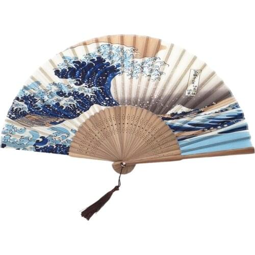 Silk Fan Japanese Folding Bamboo Fan Kanagawa Wave Pattern Party Dance Hand Fans For Wedding Home Decoration