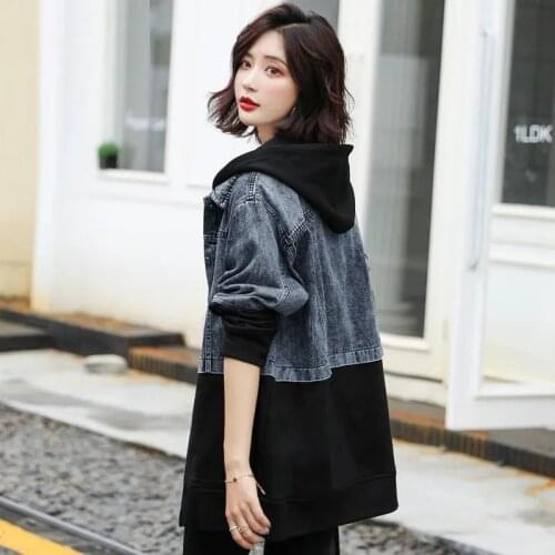 Hoody Denim Jacket Women 2021 Autumn Spring Korean Trench Female Mid-Long Casual Loose BF Splice Windbreaker Femme Top Zipper