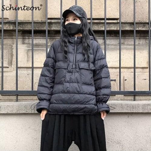 Schinteon Women White Duck Down Short Jacket Hoodies Pullover Loose Light Coat Warm Autumn Winter Casual Outwear with Hood New