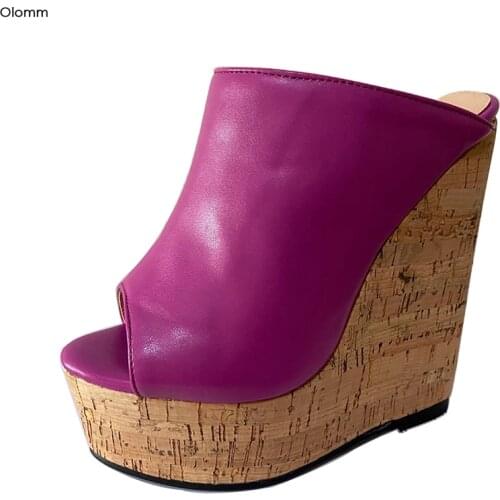 Olomm Women Platform Mules Slippers Sexy Wedges High Heel Slippers Open Toe Gorgeous Fuchsia Party Shoes Women US Plus Size 5-20