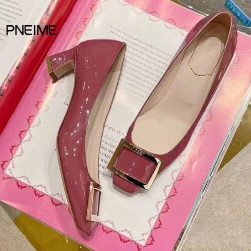 New womens casual high heels shallow mouth fashion square buckle loafers bright leather sandals fashion shoes