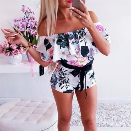 2021 Women Fashion Floral Print Sexy Off Shoulder Slash Neck Drawstring Slim Playsuit Casual Summer Bodysuit