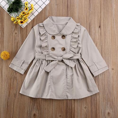 2-7Y Toddler Girls Casual Trench Coat Solid Long Sleeve Lapel Windbreaker Double Breasted Ruffle Trench Spring Autumn Outwear