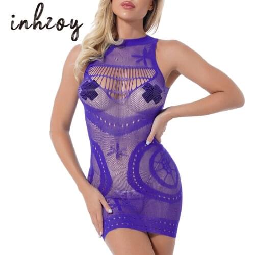 Women See Through Bodycon Dress Hollow Out Fishnet Mini Sleep Wear Exotic Night Lingerie Clubwear