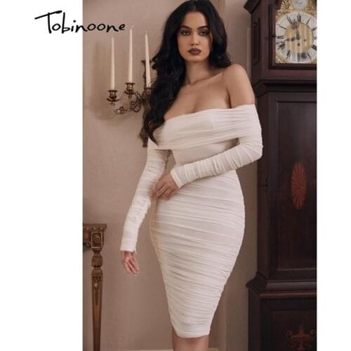 Tobinoone Autumn Off Shoulder Bandage Bodycon Dress Women Ruched Sexy Double Layer Mesh Dresses Long Sleeve Elegant Party Dress