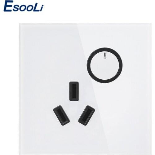 Esooli 16A Wall Electrical Power Socket 3 hole Power Outlet and 1 Gang 1 Way Wall Light Switch White Crystal luxury glass