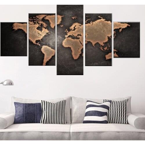 World map Retro Brown HD Canvas Print Art Wall Painting Abstract Classical For Living Room Home Decor 5 Pieces Picture