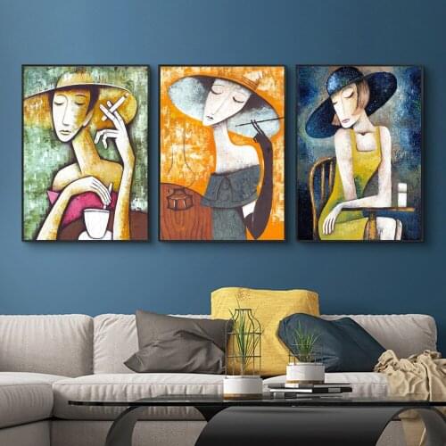 Modern Graffiti Art Canvas Painting Wall Poster and Print Wall Art Fashion Hat Girls Smoking Pictures for Home Room Wall Decor