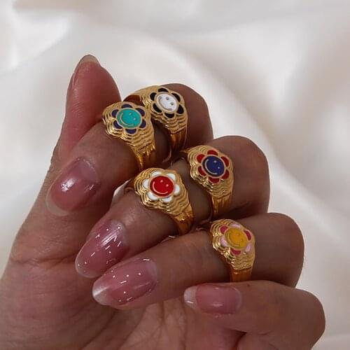 2021 Summer Hot Non Tarnish Stainless Steel 18K Gold Plated Enamel Sunflower Smile Face Ring Colorful Smiley Flower Ring