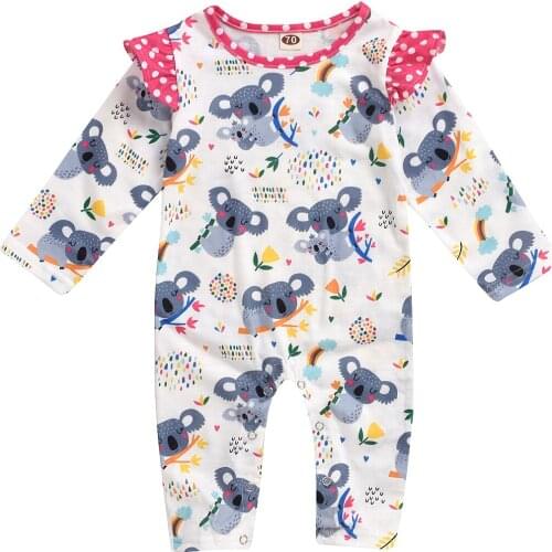 Baby Girl’s Long Sleeve Jumpsuit Cartoon Koala Pattern Stitching Round Neck One Piece Long Pants