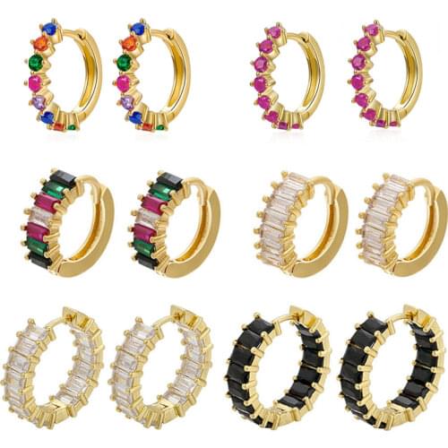 Small Hoop Earrings Rainbow T Cubic Zirconia Jewelry Geometric Rectangle CZ Gold Silver Color Earring Black Clear Colorful Stone