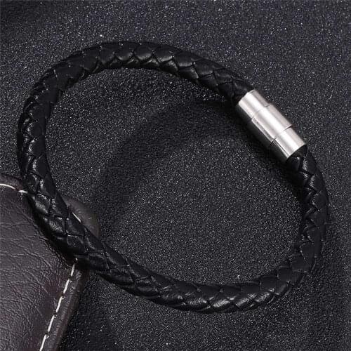 6mm Mens Leather Bracelet Black Brown Braided Bracelets Male Jewelry Gift Stainless Steel Magnet Clasp