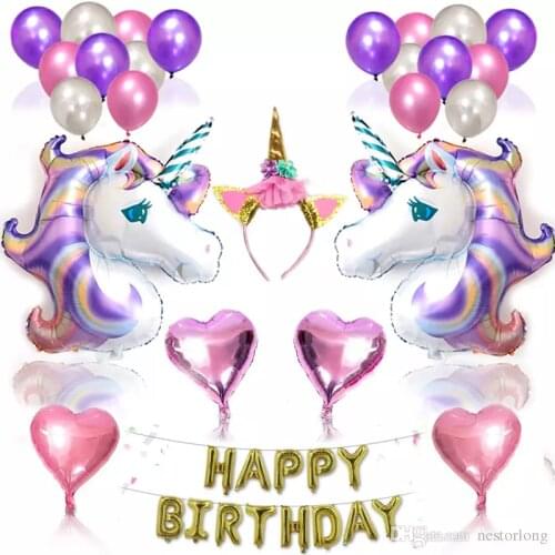 1 set Unicorn Party Supplies Set With Glitter Unicorn Headband for Kids Birthday Decorations Happy Birthday Banner Latex & Foil
