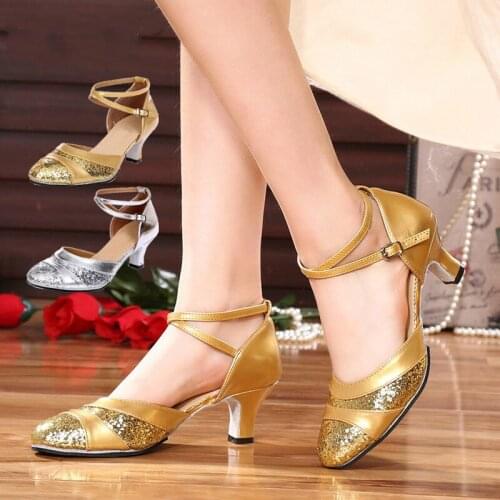 Adult Shoes New Sequin Square Dance Shoes Cheap Closed Toe Salsa Shoes Women Ladies Girls Popular Gold Silver Latin Dance Shoes