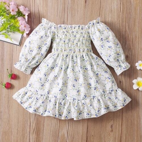 1-5Years Girl’s Casual Long Sleeve Dress Fashion Floral Elastic Boat Neck A-line Princess Dress