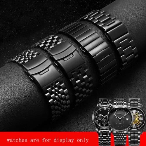 Black Silver Stainless Steel Watchband Double Insurance Buckle Replace Metal Belt For Citizen Mido Mens Watch Chain 18 20 22mm