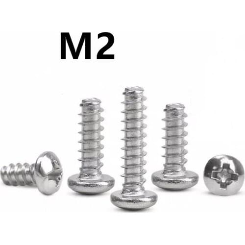 200PCS M2x3/4/5/6/8/10mm PB 304 Stainless steel Cross Round Head Flat Tail Self-tapping Screw