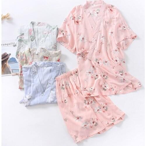 WomenS Summer Sleepwear Cotton Kimono Cotton Short-Sleeved Shorts Japanese Pajamas Thin Section Home Steamed Clothes 2PCS