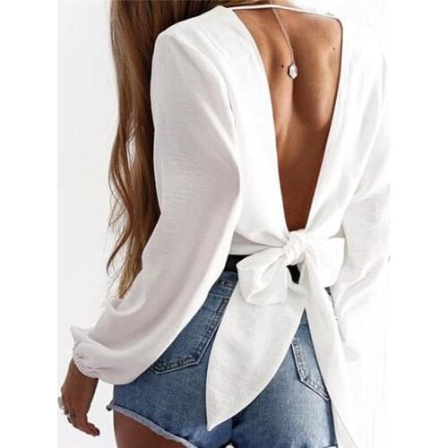 Spring Autumn Women Chiffon Blouses Sexy V-Neck Tie Bow Shirts Female lantern Sleeve Backless Shirt Club Party Short Tops AB781