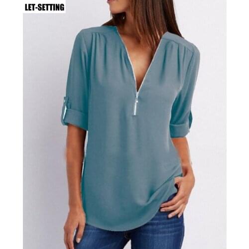 Women summer new fashion v-neck zipper large size long-sleeved sleeves loose chiffon shirt multi colors S-5XL