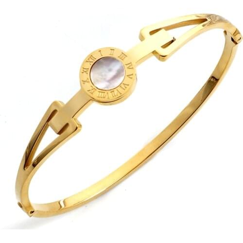 Gold Plating Stainless Steel Bracelets&Bangles Women CZ Shell Roman Letter Cuff Wristband Trendy Engagement Wedding Jewelry Gift