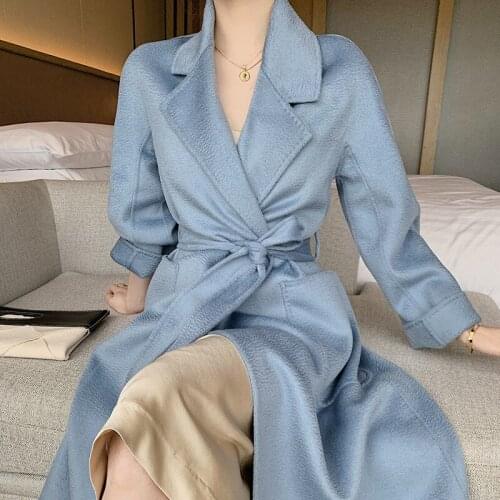 Winter Fashion 100% Wool Coat Female Autumn Long Double-faced Woolen Coats and Jackets with Belt Ladies Outerwear Ripple WPY4250