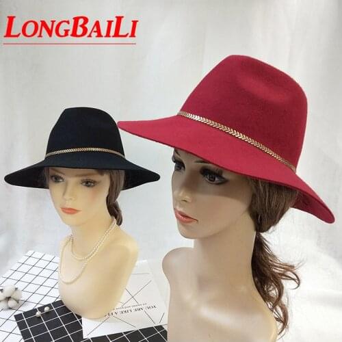 Winter Women Wide Brim Wool Felt Fedora Hats With Golden Chain Chapeu Feminino Free Shipping SDDW083