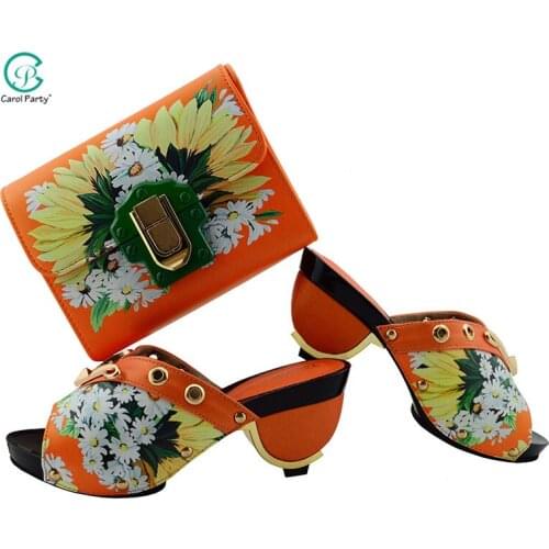 Mature Lady Party Shoes and Bag Set in Orange Color Italian design Women Shoes Matching Bag with Flower Style for Wedding Party